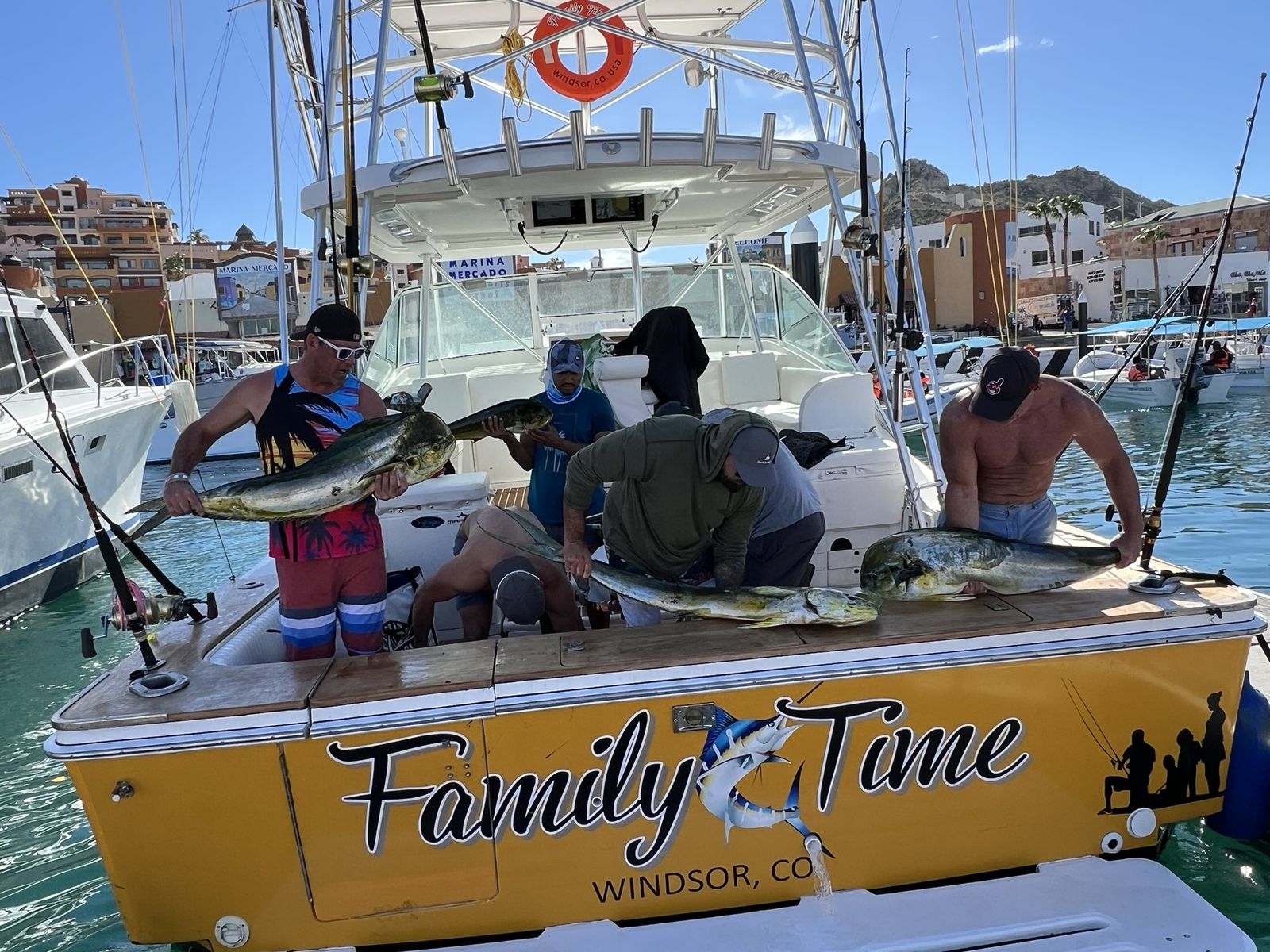 Anglers lifting dorado along the covering boards