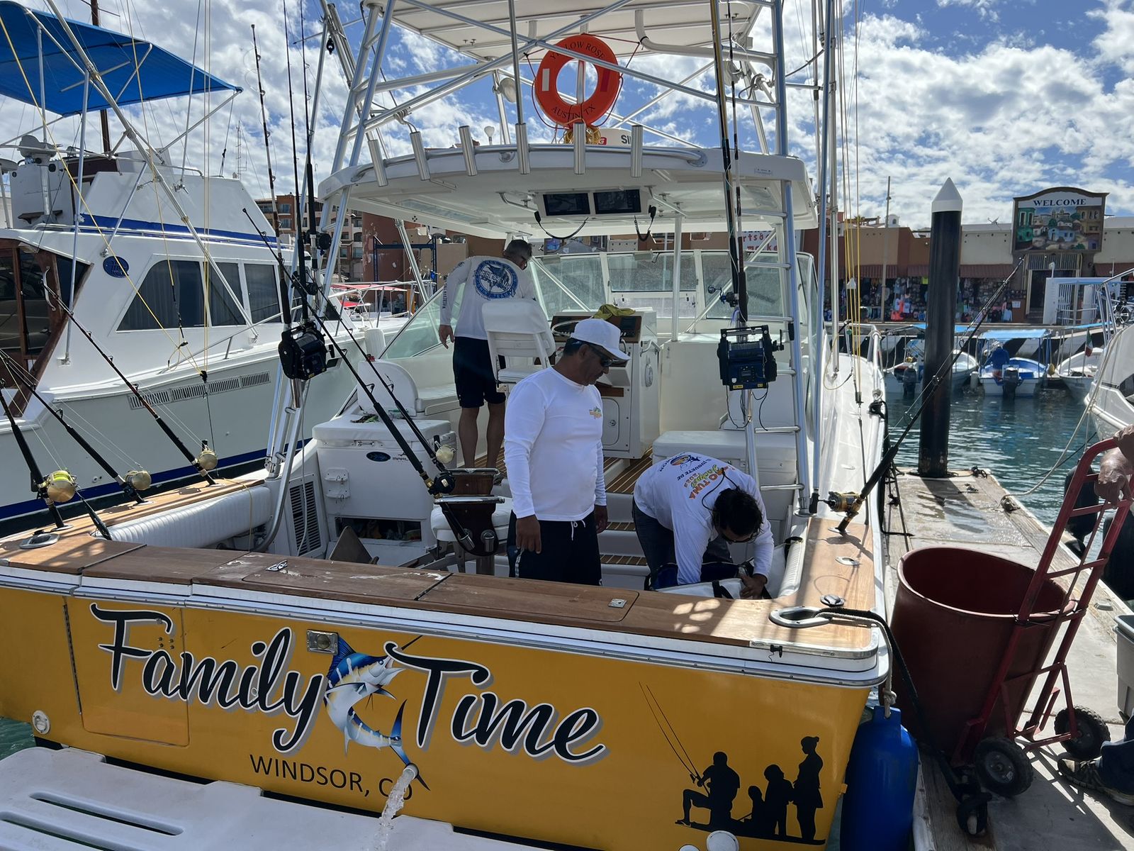 The cockpit and tower of Family Time at the dock